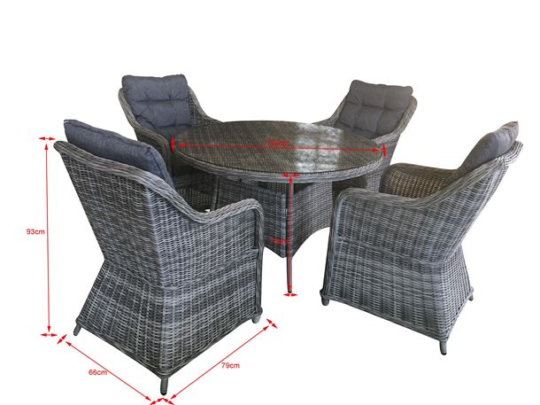 Havesæt model Sevilla. 4 stole + ø120cm bord i mixed sort rundt polyrattan.